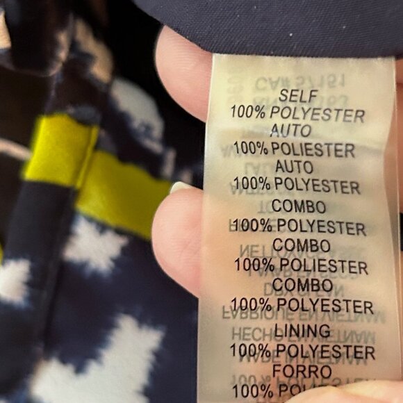 Vince Camuto keyhole geometric print shift dress blue/white/neon yellow-green - Picture 8 of 14